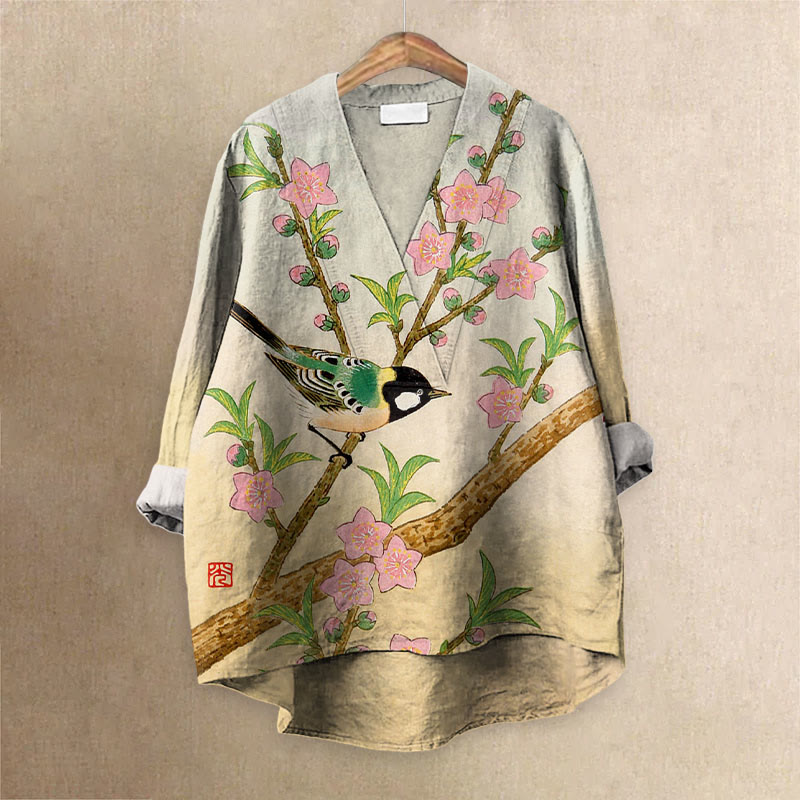 Women's Japanese Lovely Bird With Starry Flowers Art Printed Casual V-neck Blouse - Multicolor - 6XL - image 1