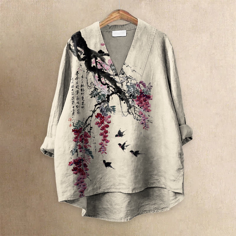 Women's Japanese Watercolor Winter Plum And Magpies Printed Casual V-neck Blouse - Apricot - 6XL - image 1