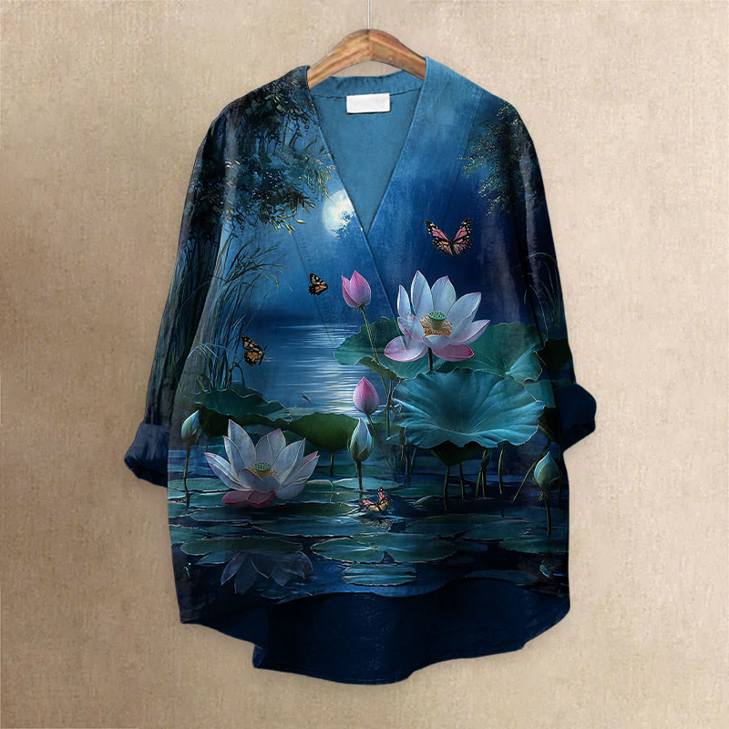 Women's Japanese Fantasy Night View Of Lotus Pond Printed Casual V-neck Blouse - Multicolor - 6XL - image 1
