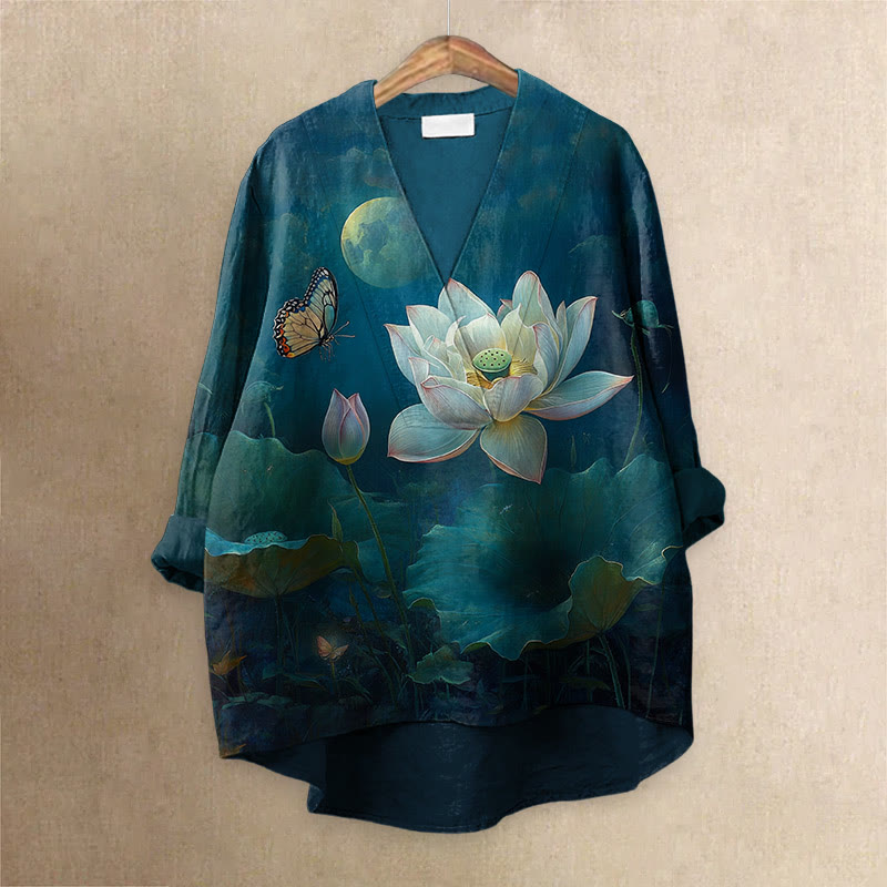Women's Japanese Butterfly And Blooming Water Lily Printed Casual V-neck Blouse - Green - 6XL - image 1