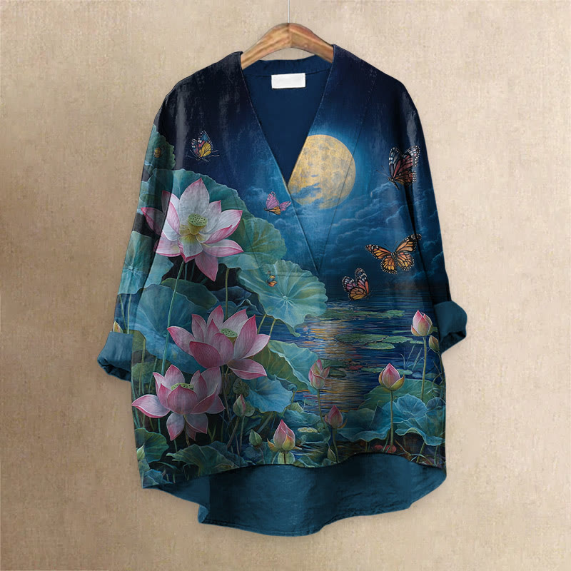 Women's Japanese Night View Of Butterfly Water Lily Blossom Printed Casual V-neck Blouse - Multicolor - 6XL - image 1