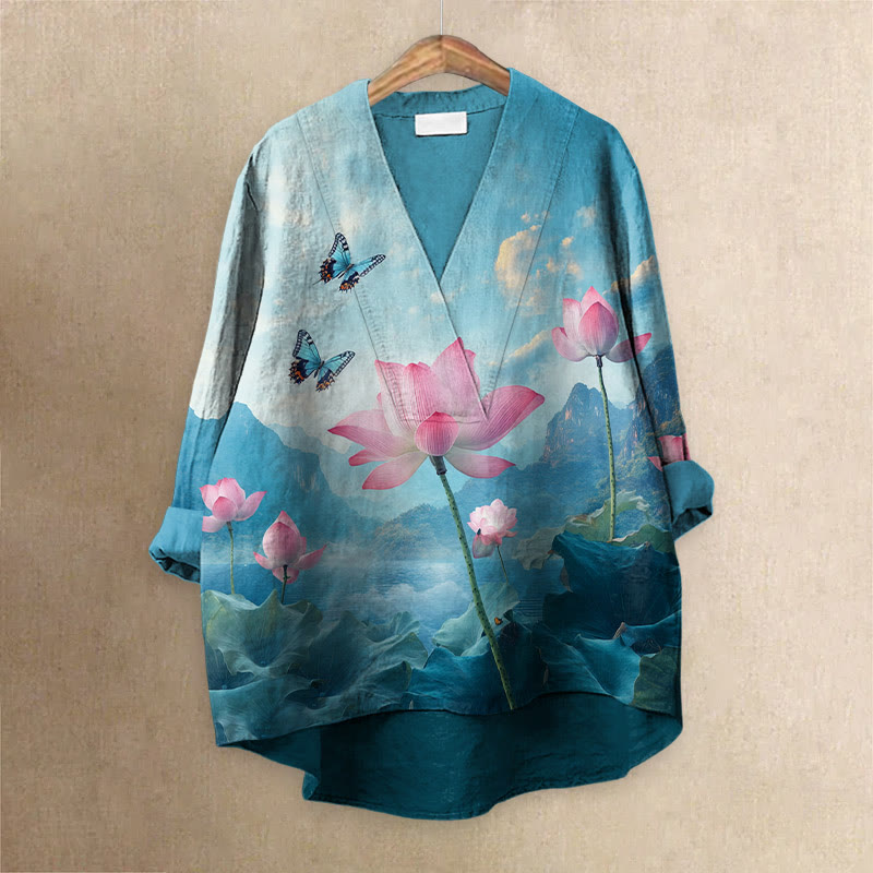 Women's Japanese Lovely Butterfly ＆ Lotus Aside Mountain Printed Casual V-neck Blouse - Sky Blue - 6XL - image 1
