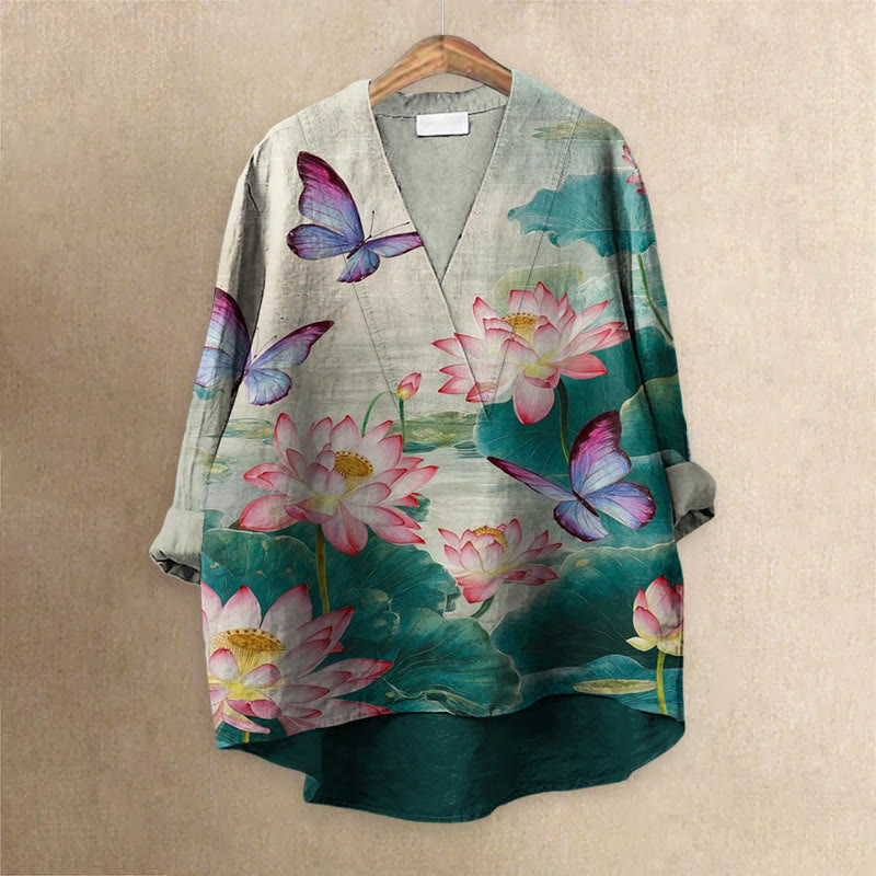 Women's Japanese Fantasy Butterfly Flying Around Lotus Printed Casual V-neck Blouse - Multicolor - 6XL - image 1