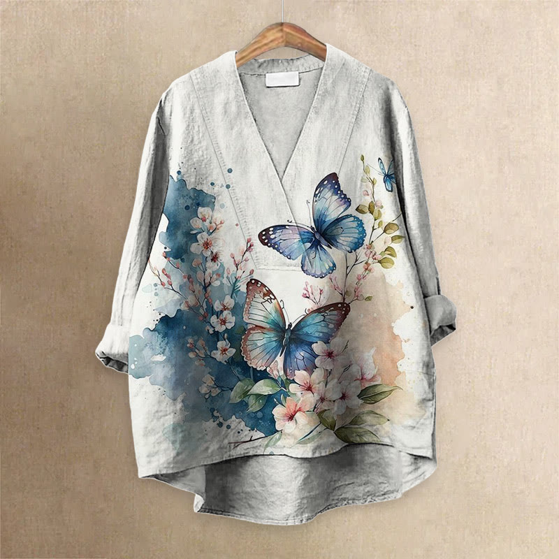 Women's Japanese Watercolor Butterfly With Apricot Blossom Printed Casual V-neck Blouse - White - 6XL - image 1