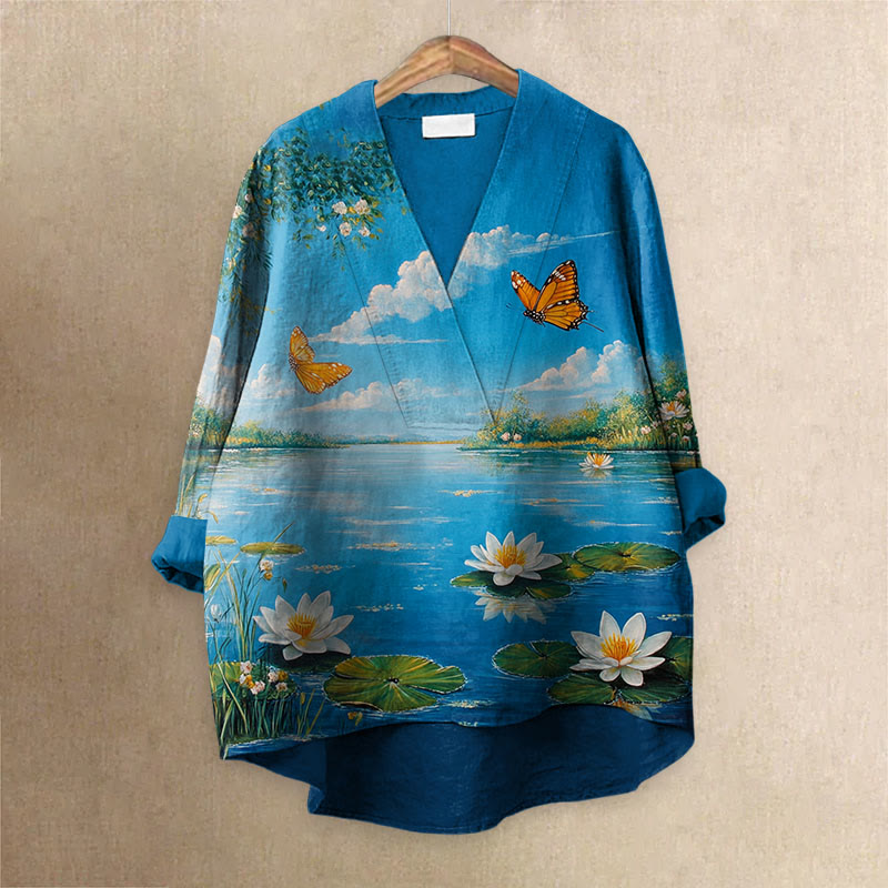 Women's Japanese Lovely View Of White Lotus Pond Printed Casual V-neck Blouse - Sky Blue - 6XL - image 1