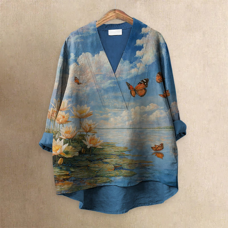 Women's Japanese Romantic Water Lily Surrounded By Butterfly Printed Casual V-neck Blouse - Multicolor - 6XL - image 1