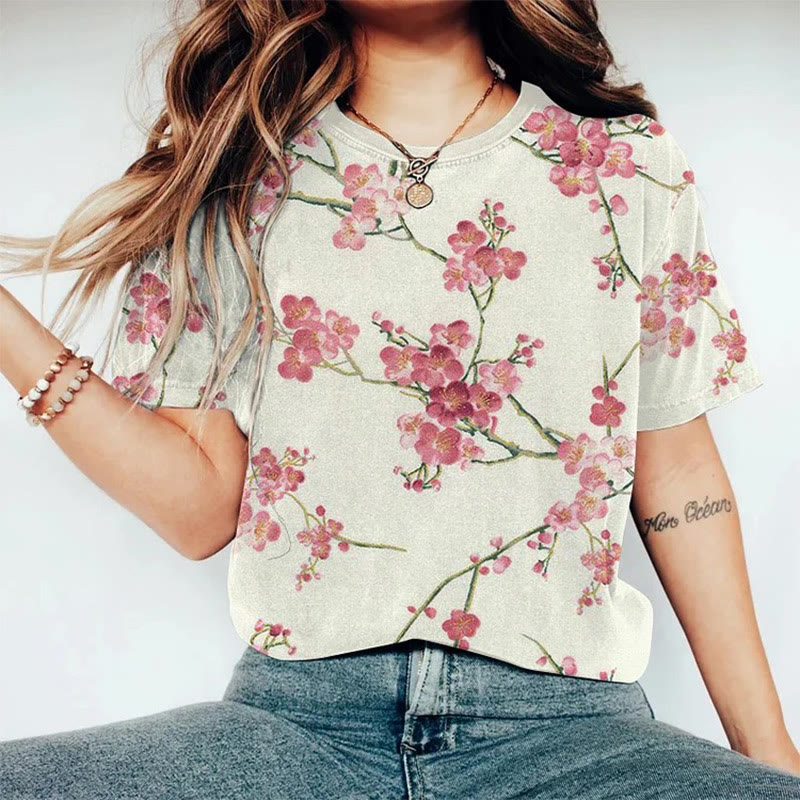 Women's Japanese Art Plum Blossom Print Round Neck T-Shirt - Dark Pink - 8XL - image 1