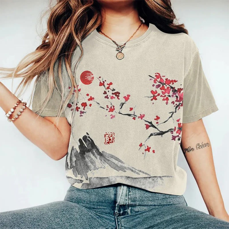 Women's Japanese Retro Sunrise Mountain Floral Ink Art Print Round Neck T-shirt - Apricot - 8XL - image 1