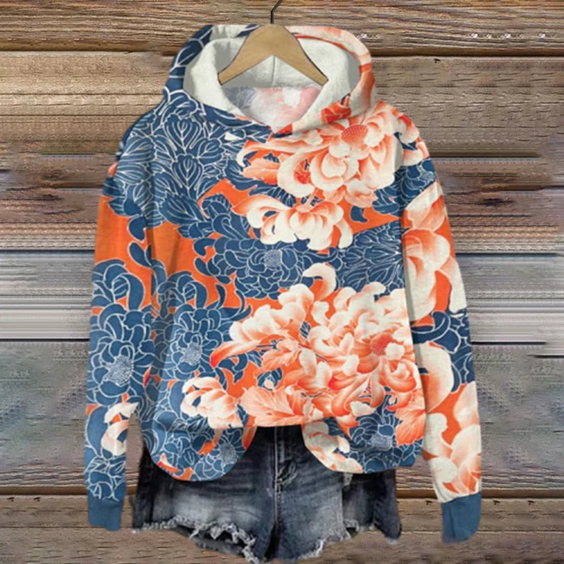 Vintage Japanese Art Chrysanthemum Print Long Sleeve Women's Hoodie - Orange - 8XL - image 1