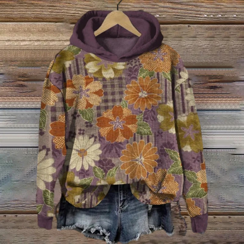 Vintage Japanese Art Flower Print Long Sleeve Women's Hoodie - Purple - 8XL - image 1