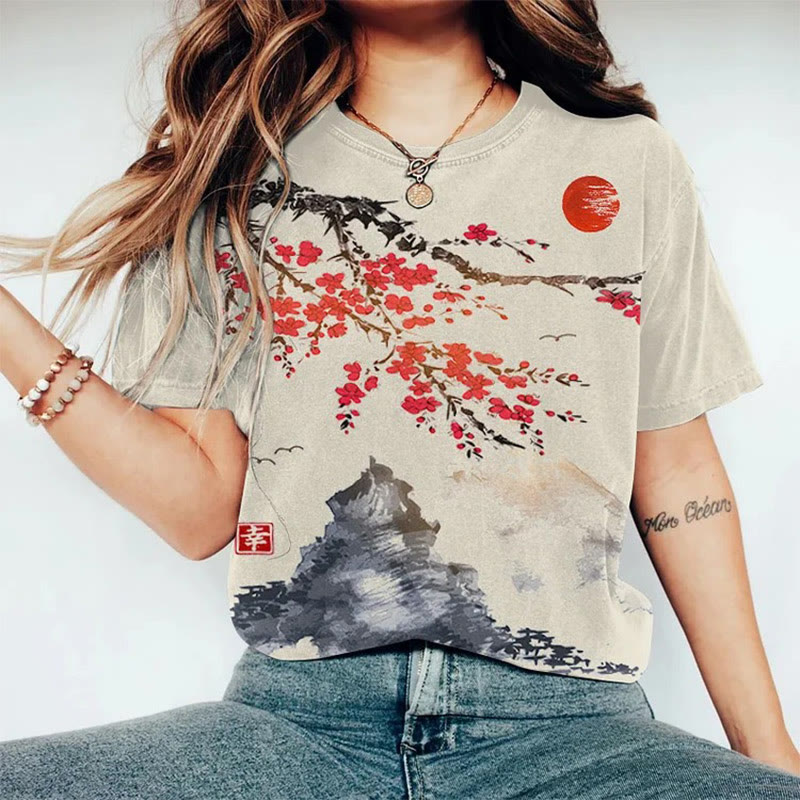 Women's Japanese Retro Sunrise Ink Painting Art Print Round Neck T-shirt - Apricot - 8XL - image 1