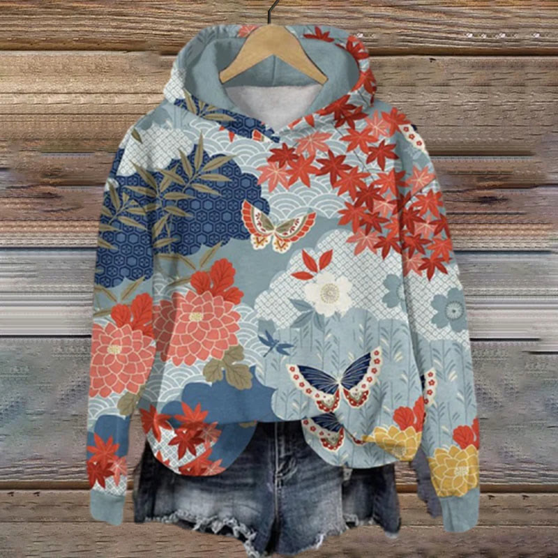 Vintage Japanese Art Print Long Sleeve Women's Hoodie - Blue - 8XL - image 1