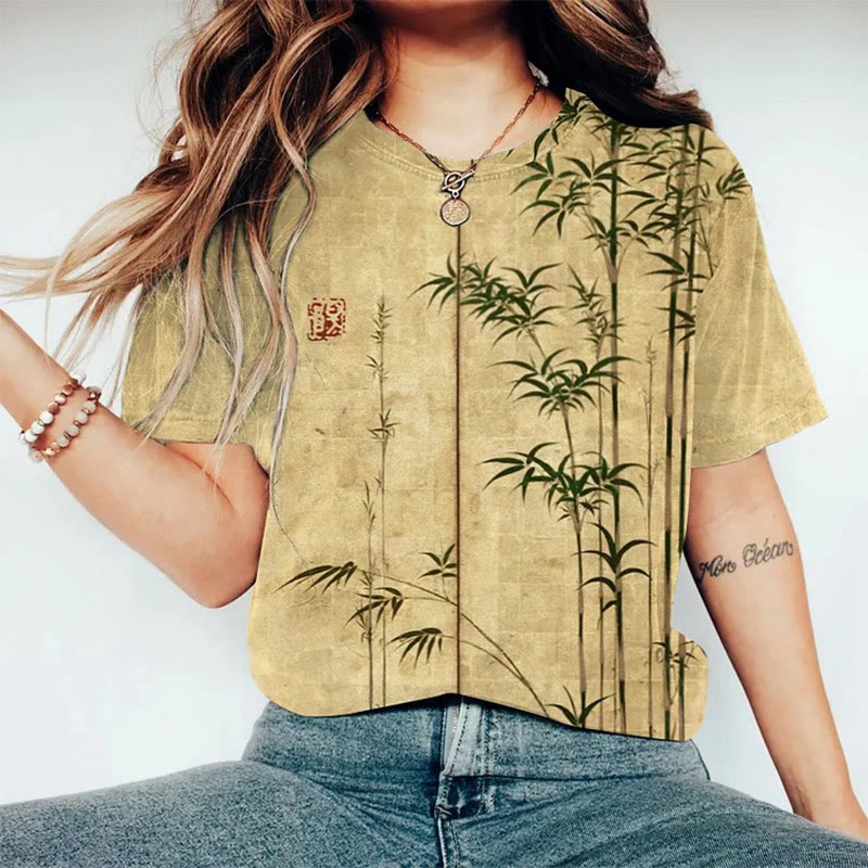 Women's Bamboo Japanese Art Print Round Neck T-shirt - Khaki - 8XL - image 1
