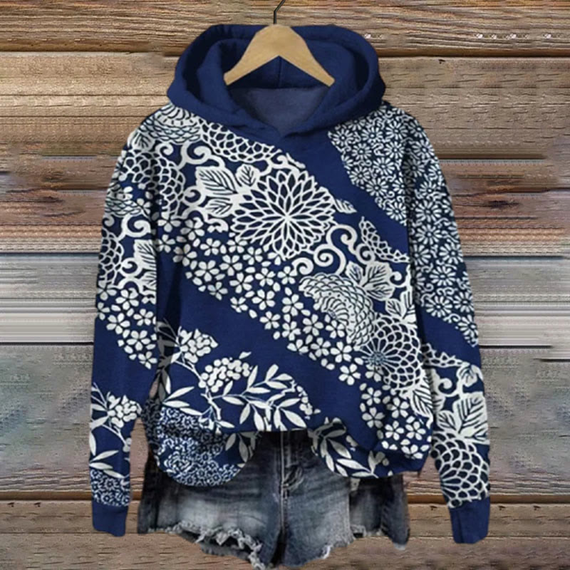 Vintage Japanese Art Print Long Sleeve Causal Hoodie - Navy Blue - 8XL - image 1