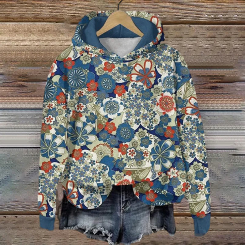 Vintage Japanese Art Sakura Print Long Sleeve Hoodie - Blue - 8XL - image 1