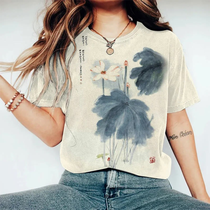 Women's Japanese Retro Orchid Ink Painting Art Print Round Neck T-shirt - Apricot - 8XL - image 1