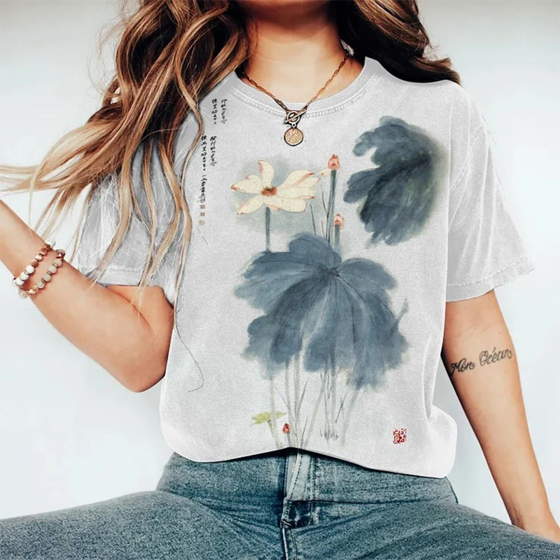 Women's Japanese Retro Orchid Ink Painting Art Print Round Neck T-shirt - White - 8XL - image 2