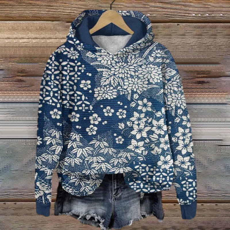 Vintage Japanese Art Flower Print Long Sleeve Hoodie - Blue - 8XL - image 1