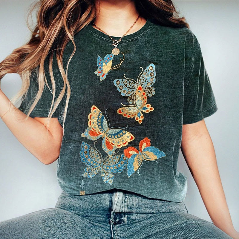 Women's Butterfly Japanese Traditional Art Print Round Neck T-shirt - Dark Green - 8XL - image 1