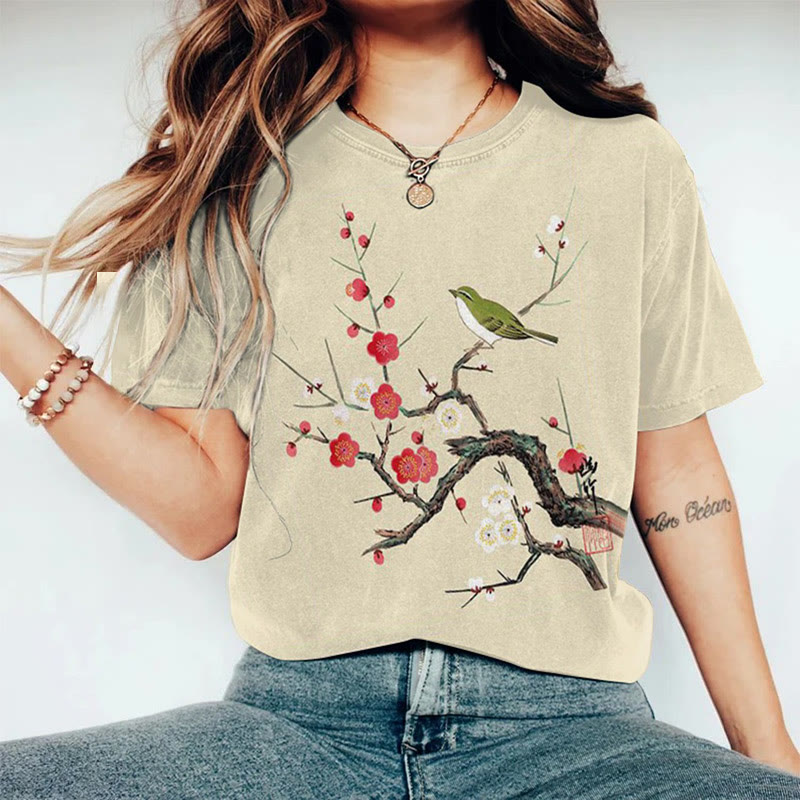 Women's Japanese Art Flower And Bird Print Round Neck T-shirt - Apricot - 8XL - image 1