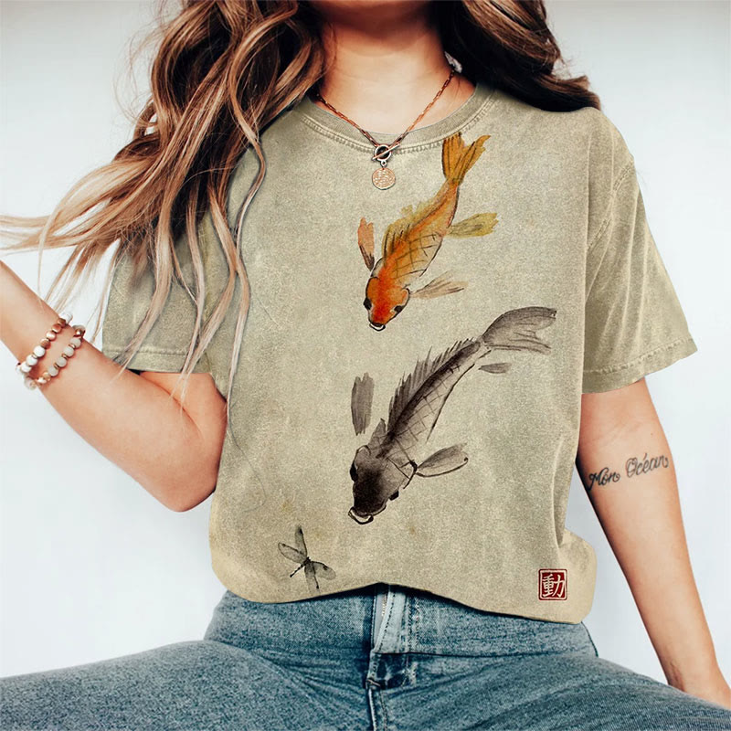 Women's Japanese Watercolor Koi And Dragonfly Art Print Crew Neck T-shirt - Apricot - 8XL - image 1