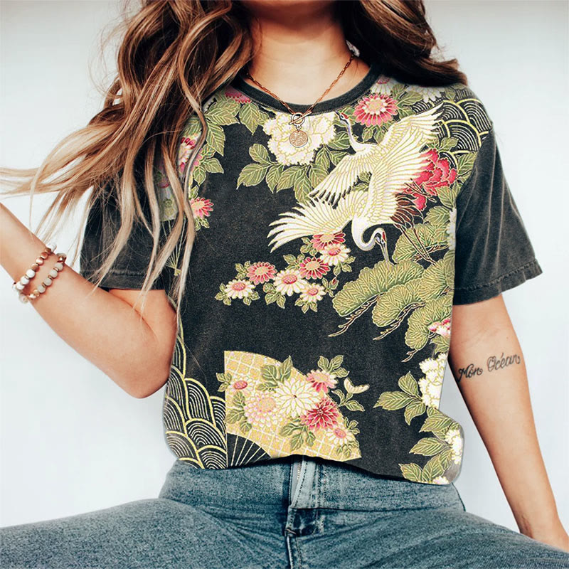 Women's Cranes Floral Japanese Art Vintage Print Crew Neck T-shirt - Multicolor - 8XL - image 1