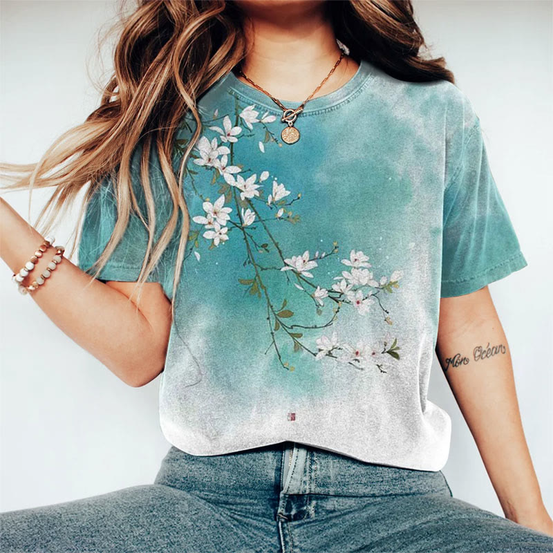 Women's Vintage Floral Blossom Japanese Art Print Crew Neck T-shirt - Lake Blue - 8XL - image 1