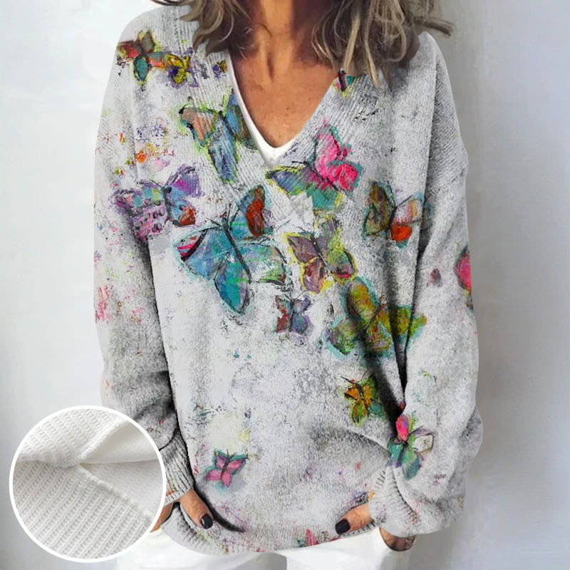 Vintage Oil Painting Butterfly Print Causal V-neck Pullover Sweater - Grey - 4XL - image 1