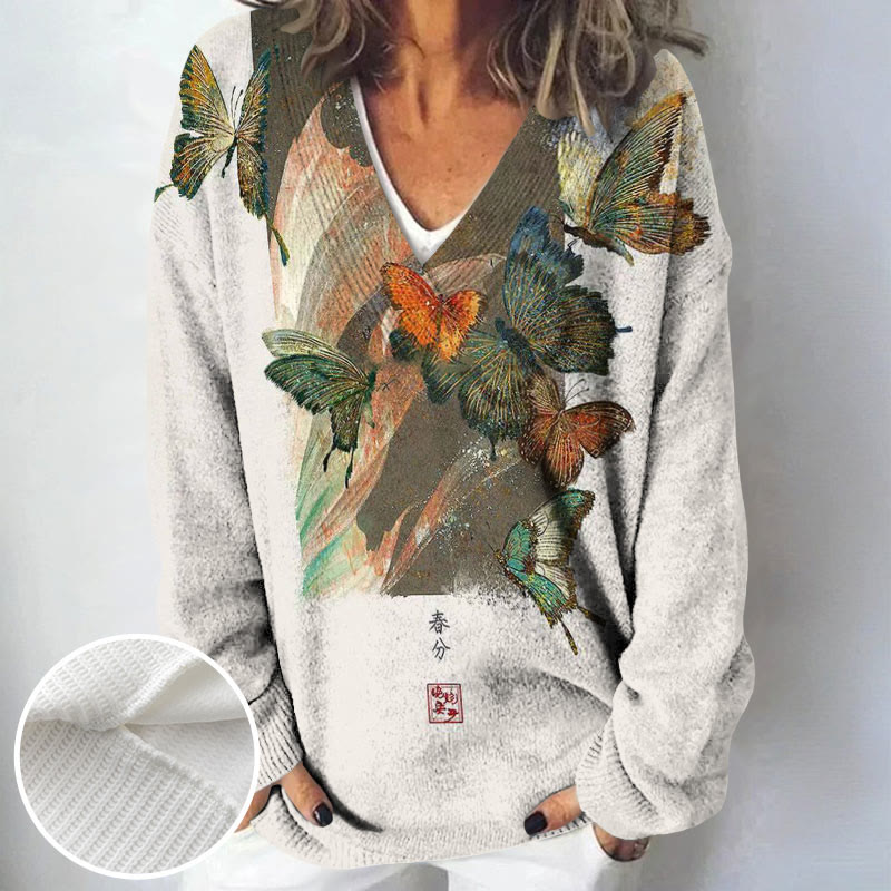 Japanese Style Butterfly Spring Equinox Print Causal V-neck Pullover Sweater - Beige - 4XL - image 1