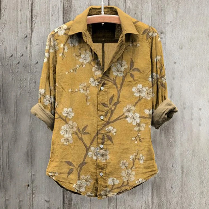 Floral Art Print Casual Long Sleeve Shirt - Yellow - 4XL - image 1