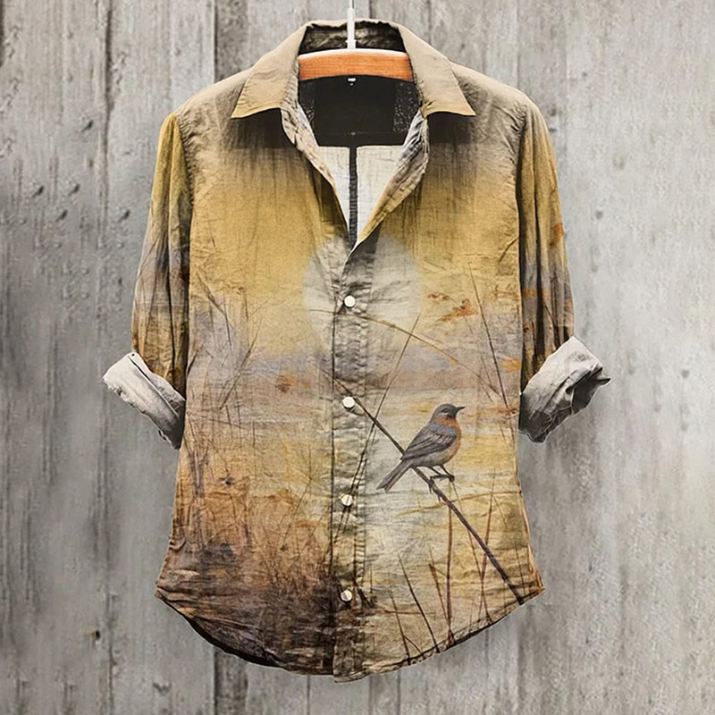 Vintage Lake Sunrise Bird Scene Print Casual Long Sleeve Shirt - Yellow - 4XL - image 1