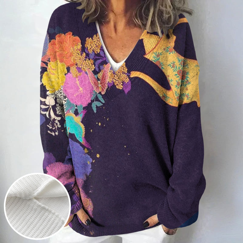 Creative Flowers Pouring Out Of The Kettle Print Causal V-neck Pullover Sweater - Purple - 4XL - image 1