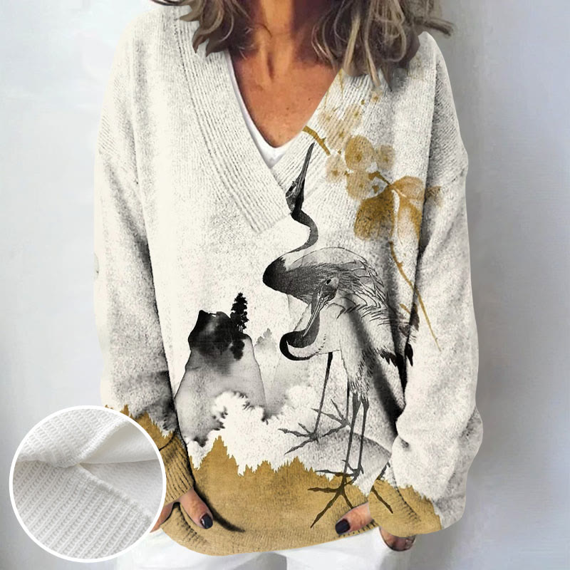 Japanese Style Crane Ink Painting Print Causal V-neck Pullover Sweater - Beige - 4XL - image 1