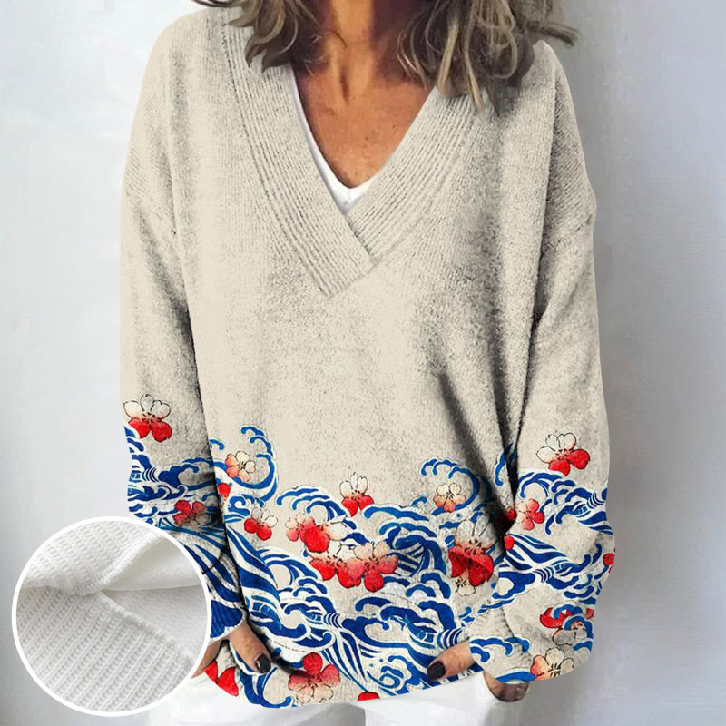 Japanese Style Sea Waves With Cherry Blossoms Print Causal V-neck Pullover Sweater - Beige - 4XL - image 1