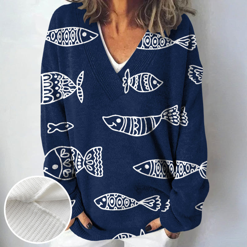 Women's Japanese Style Rubbing Fish Print Causal V-neck Pullover Sweater - Navy Blue - 4XL - image 1