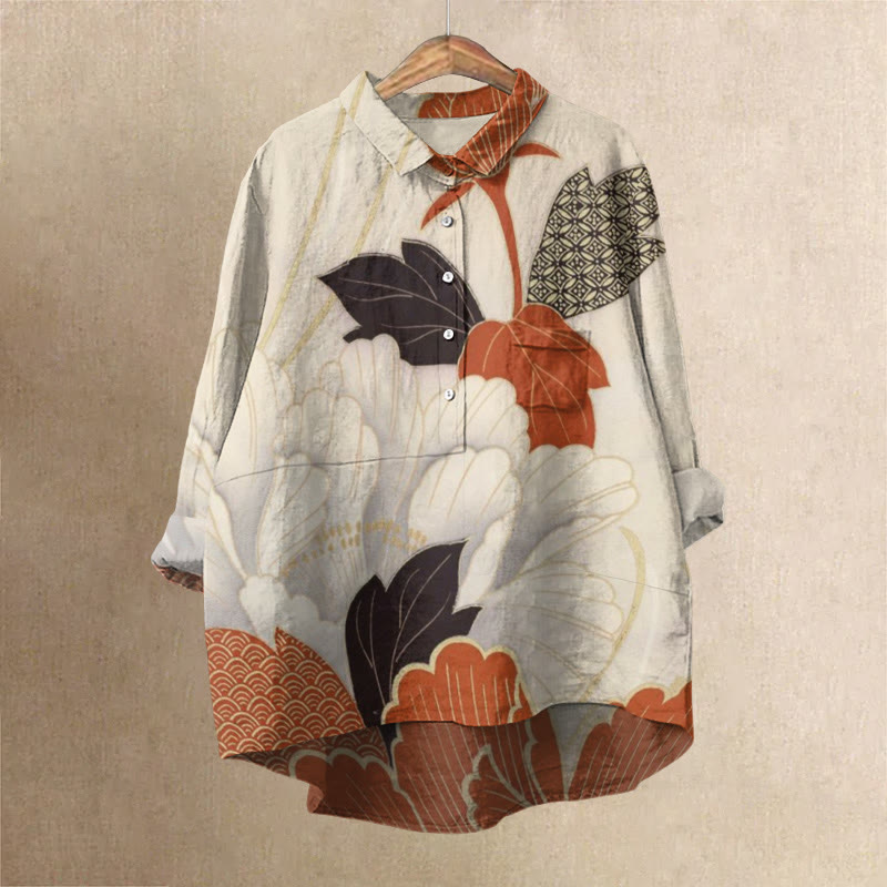 Women's Japanese Colored Leaves Art Print Casual Lapel Blouse - image 1