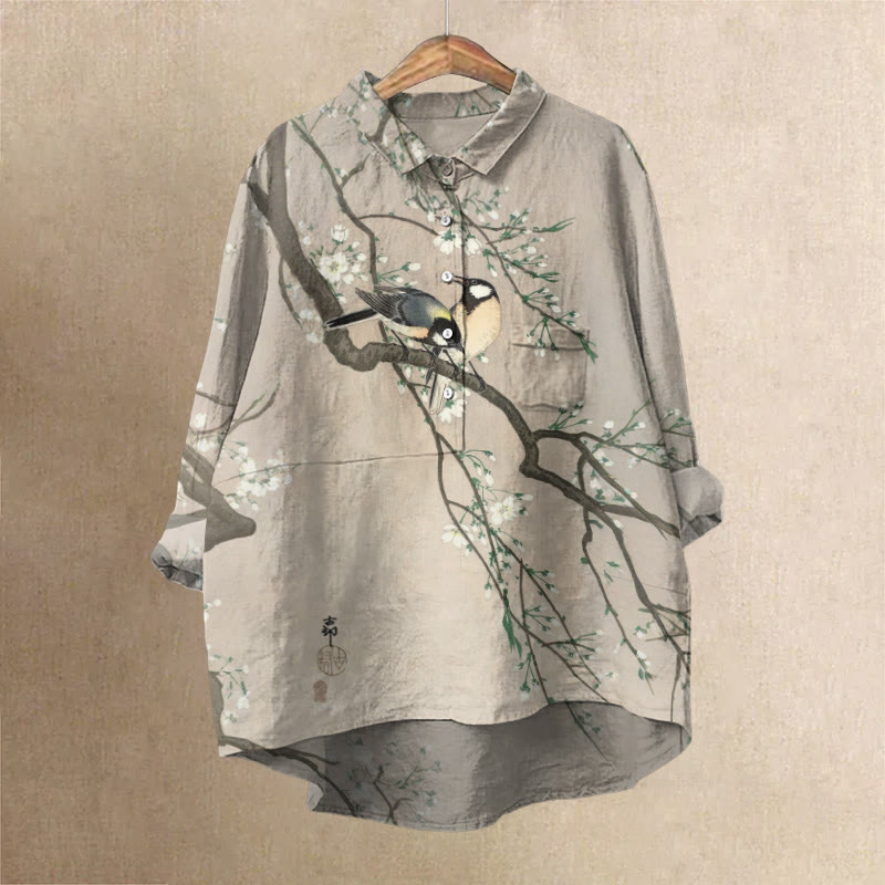 Women's Lovely Lark On Pear Tree Art Print Casual Lapel Blouse - image 1