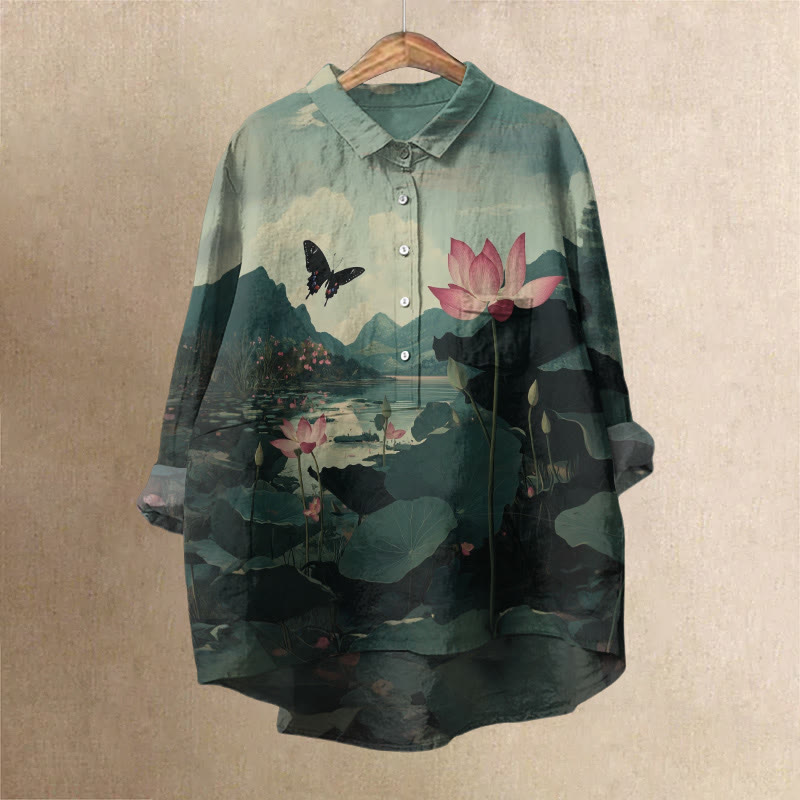 Women's Lovely Butterfly With Lotus Pond Art Print Casual Lapel Blouse - image 1