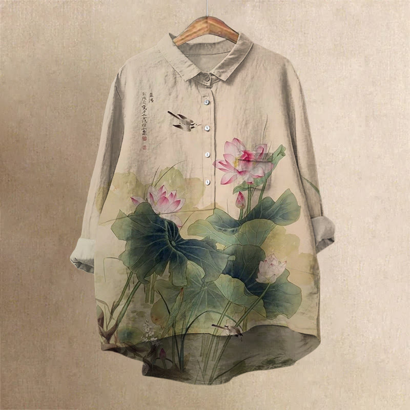Women's Japanese Vintage Lotus Art Print Casual Lapel Blouse - image 1
