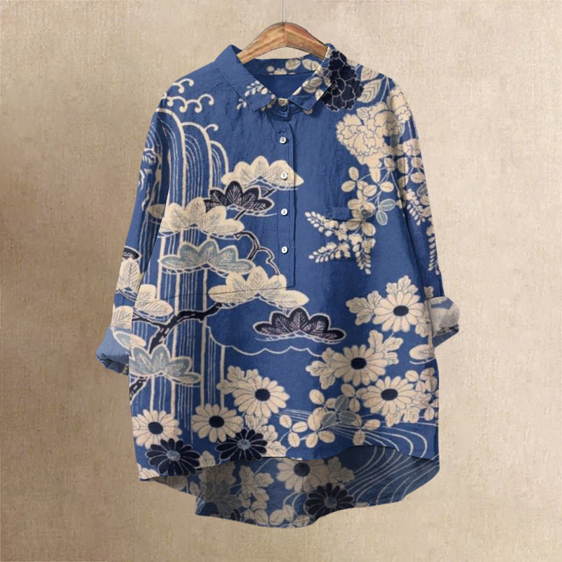 Women's Retro Sketching Floral Art Print Casual Lapel Blouse - image 1