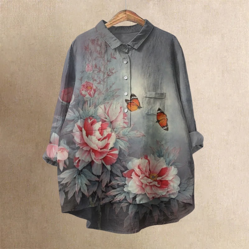 Women's Vivid Rose Blossom And Butterfly Art Print Casual Lapel Blouse - image 1