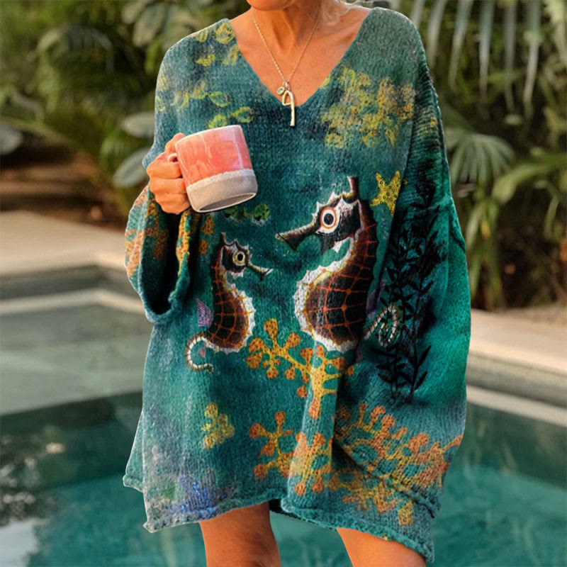 Seahorse Safari Watercolor Art Print V-neck Pullover Sweater - Lake Blue - 6XL - image 1