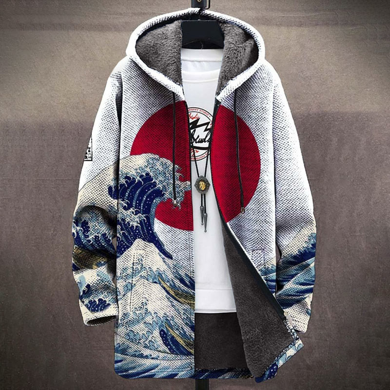 Retro Japanese Red Sun Wave Print Unisex Plush Thick Long-sleeved Fleece Jacket - Multicolor - 5XL - image 1