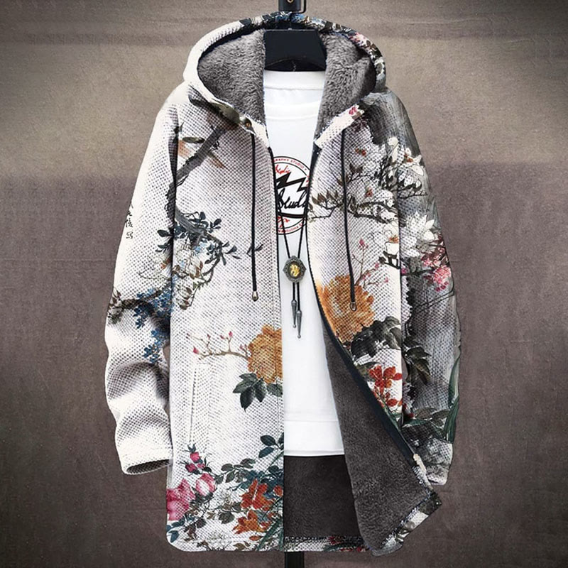  Retro Japanese Petal Print Unisex Plush Thick Long-sleeved Fleece Jacket - White - 5XL - image 1