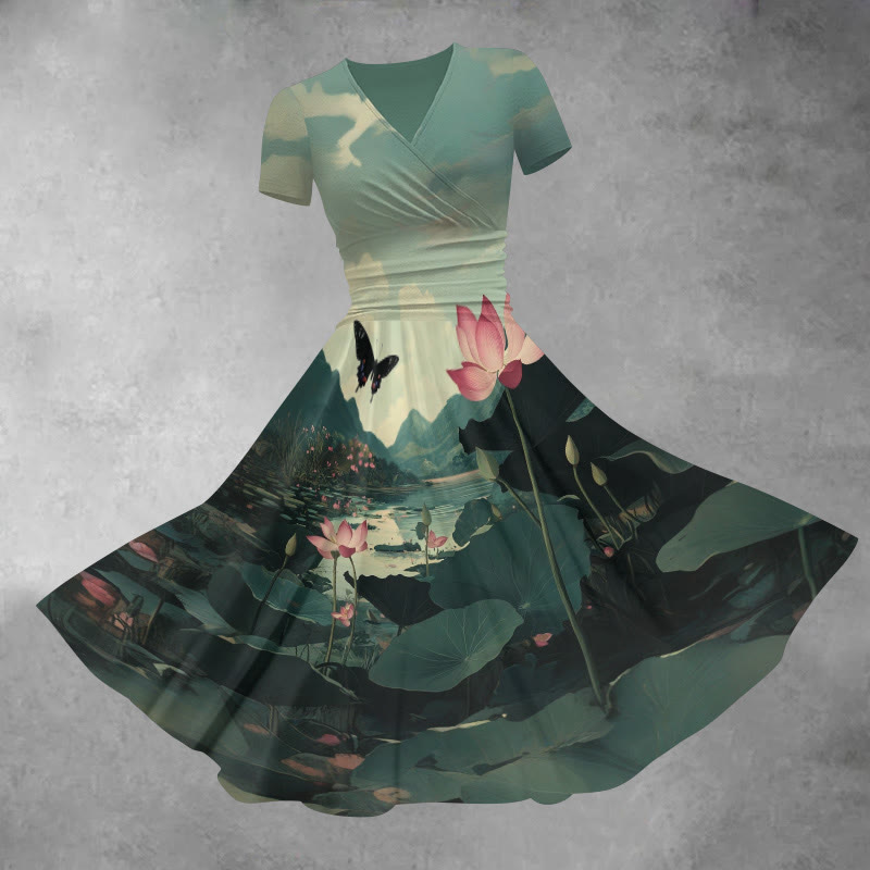 Women's Lovely Butterfly With Lotus Pond Art Print Midi Dress - Dark Green - 5XL - image 1