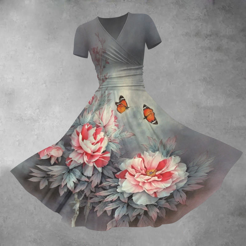 Women's Vivid Rose Blossom And Butterfly Art Print Midi Dress - Grey - 5XL - image 1
