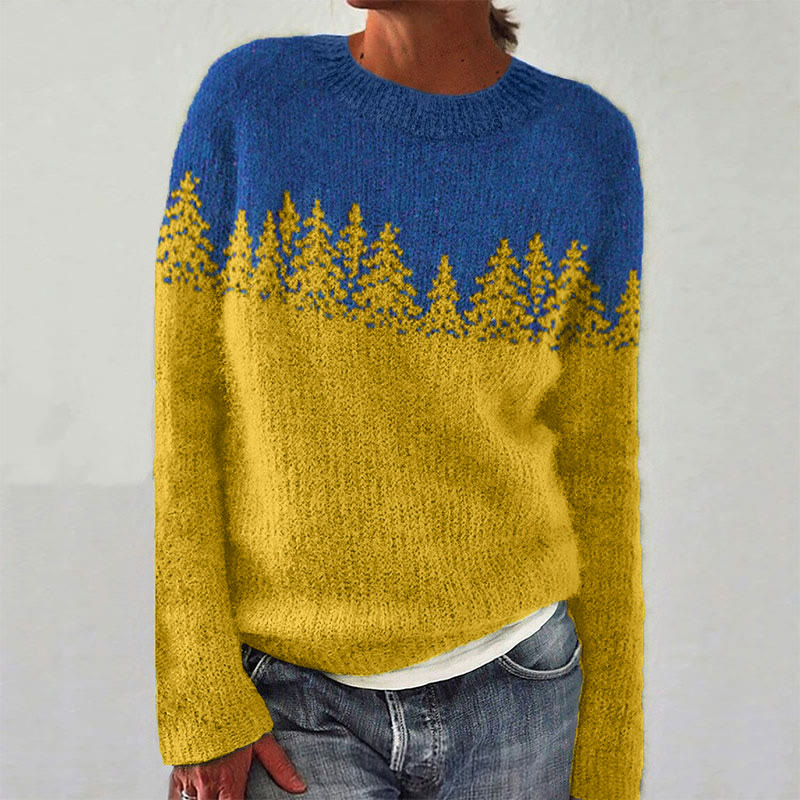 Color Block Forest Crew Neck Women's Casual Pullover Sweater - Yellow - 5XL - image 1