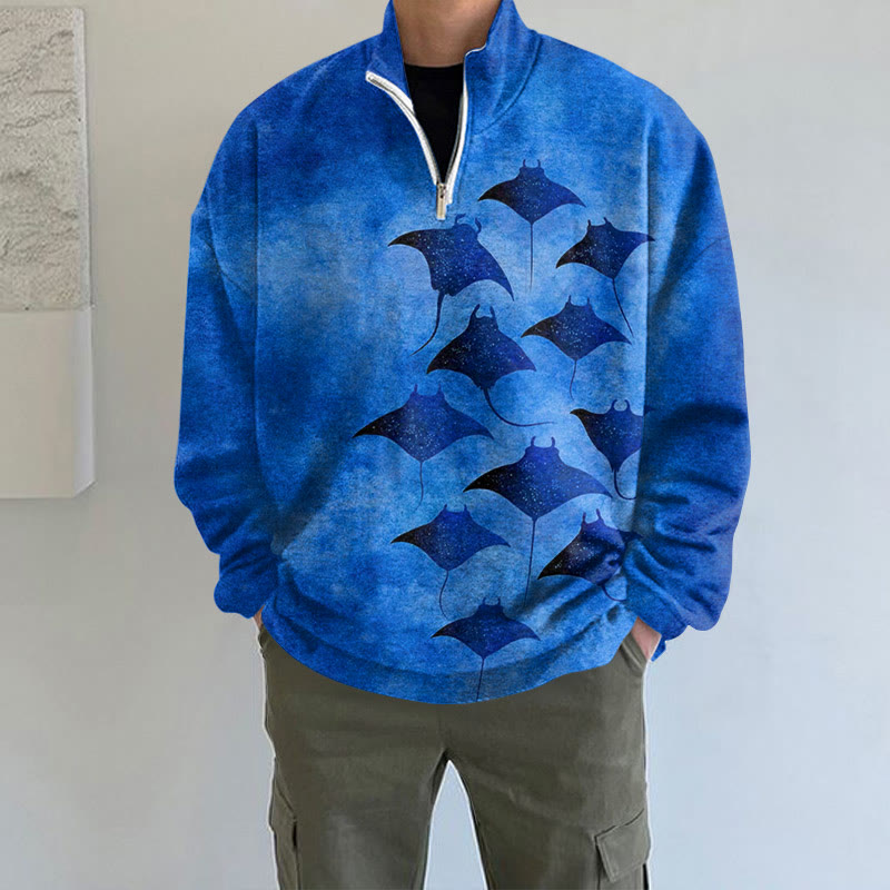 Men's Vintage Manta Ray Art Print Long Sleeve Zipper Sweatshirt - Royal Blue - 5XL - image 2