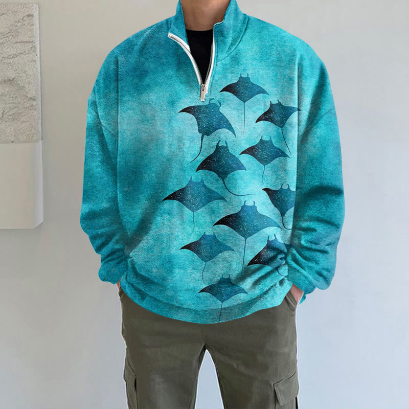 Men's Vintage Manta Ray Art Print Long Sleeve Zipper Sweatshirt - Lake Blue - 5XL - image 1