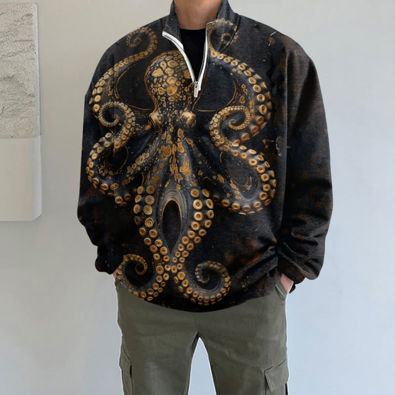 Men's Vintage Octopus Art Print Long Sleeve Zipper Sweatshirt - Brown - 5XL - image 1